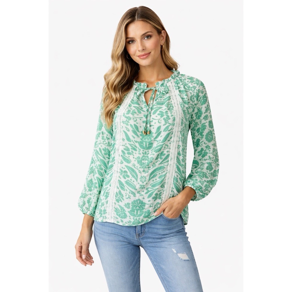 Hope & Harlow Womens L Green Floral Boho Peasant Top Tie Neck Spring Vacation - Picture 1 of 15